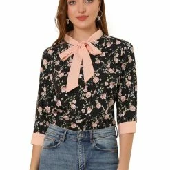 Allegra K Women's Bow Tie Neck Contrast Trim 3/4 Sleeve Floral Blouse Tops