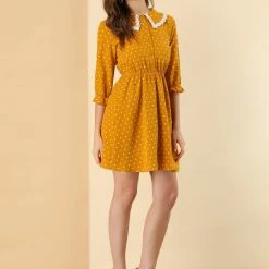 Allegra K Women's Peter Pan Collar Dresses Star Puff Sleeve Chiffon Shirt Dress