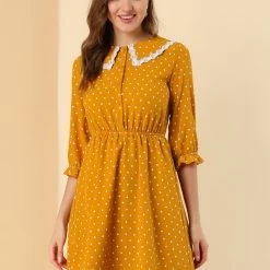 Allegra K Women's Peter Pan Collar Dresses Star Puff Sleeve Chiffon Shirt Dress