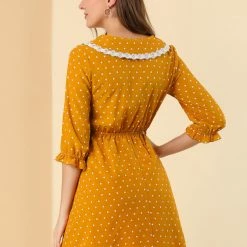 Allegra K Women's Peter Pan Collar Dresses Star Puff Sleeve Chiffon Shirt Dress