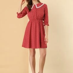 Allegra K Women's Peter Pan Collar Dresses Star Puff Sleeve Chiffon Shirt Dress