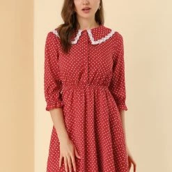 Allegra K Women's Peter Pan Collar Dresses Star Puff Sleeve Chiffon Shirt Dress
