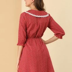 Allegra K Women's Peter Pan Collar Dresses Star Puff Sleeve Chiffon Shirt Dress