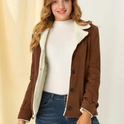Allegra K Women's Winter Warm Jacket Notched Lapel Liner Fuzzy Fleece Sherpa Coats Thicker Outwear With Pockets