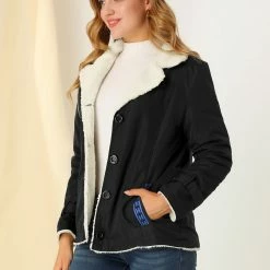 Allegra K Women's Winter Warm Jacket Notched Lapel Liner Fuzzy Fleece Sherpa Coats Thicker Outwear With Pockets