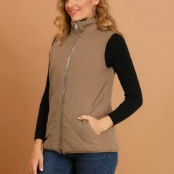 Allegra K Women's Padded Stand Collar Quilted Lightweight Pocket Vest