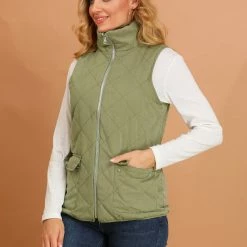 Allegra K Women's Padded Stand Collar Quilted Lightweight Pocket Vest