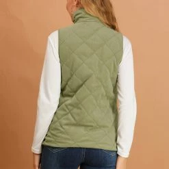Allegra K Women's Padded Stand Collar Quilted Lightweight Pocket Vest