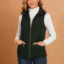 Allegra K Women's Padded Stand Collar Quilted Lightweight Pocket Vest