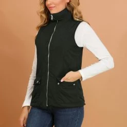 Allegra K Women's Padded Stand Collar Quilted Lightweight Pocket Vest