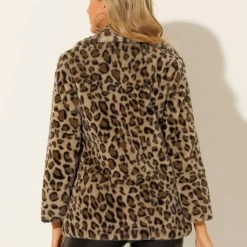 Allegra K Women’s Leopard Faux Fur Jacket Coat Long Sleeve Lapel Parka Cardigan Fluffy Overcoat