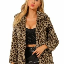 Allegra K Women’s Leopard Faux Fur Jacket Coat Long Sleeve Lapel Parka Cardigan Fluffy Overcoat
