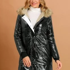 Allegra K Women's Hooded Faux Fur Collar Over Hip Zip Up Metallic Shiny Parka Jacket 24 Allegra K Women's Hooded Faux Fur Collar Over Hip Zip Up Metallic Shiny Parka Jacket