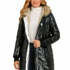 Allegra K Women's Hooded Faux Fur Collar Over Hip Zip Up Metallic Shiny Parka Jacket 22 Allegra K Women's Hooded Faux Fur Collar Over Hip Zip Up Metallic Shiny Parka Jacket