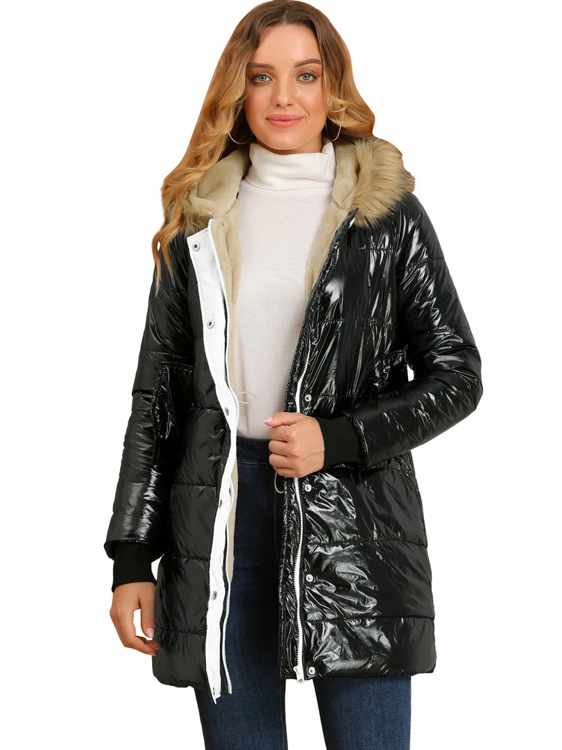 Allegra K Women's Hooded Faux Fur Collar Over Hip Zip Up Metallic Shiny Parka Jacket 10 Allegra K Women's Hooded Faux Fur Collar Over Hip Zip Up Metallic Shiny Parka Jacket