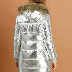 Allegra K Women's Hooded Faux Fur Collar Over Hip Zip Up Metallic Shiny Parka Jacket 19 Allegra K Women's Hooded Faux Fur Collar Over Hip Zip Up Metallic Shiny Parka Jacket