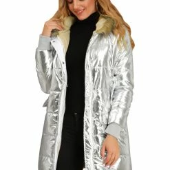 Allegra K Women's Hooded Faux Fur Collar Over Hip Zip Up Metallic Shiny Parka Jacket 16 Allegra K Women's Hooded Faux Fur Collar Over Hip Zip Up Metallic Shiny Parka Jacket