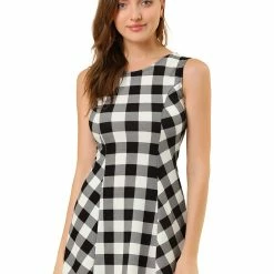 Allegra K Women Round Neck Sleeveless Plaids Mini A Line Dress