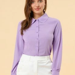 Allegra K Women's Button Up Shirt Career Peter Pan Collar Long Bishop Sleeve Blouse