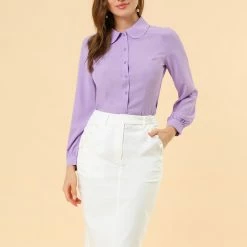 Allegra K Women's Button Up Shirt Career Peter Pan Collar Long Bishop Sleeve Blouse