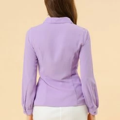 Allegra K Women's Button Up Shirt Career Peter Pan Collar Long Bishop Sleeve Blouse