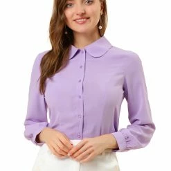 Allegra K Women's Button Up Shirt Career Peter Pan Collar Long Bishop Sleeve Blouse