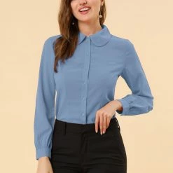Allegra K Women's Button Up Shirt Career Peter Pan Collar Long Bishop Sleeve Blouse