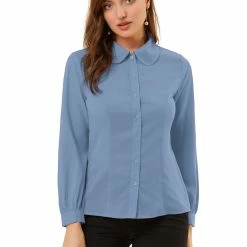 Allegra K Women's Button Up Shirt Career Peter Pan Collar Long Bishop Sleeve Blouse