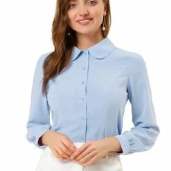 Allegra K Women's Button Up Shirt Career Peter Pan Collar Long Bishop Sleeve Blouse