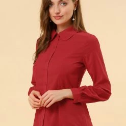 Allegra K Women's Button Up Shirt Career Peter Pan Collar Long Bishop Sleeve Blouse