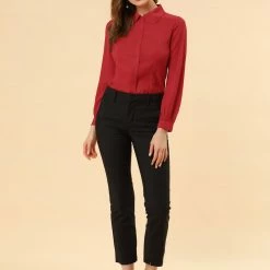 Allegra K Women's Button Up Shirt Career Peter Pan Collar Long Bishop Sleeve Blouse