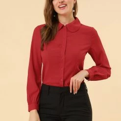 Allegra K Women's Button Up Shirt Career Peter Pan Collar Long Bishop Sleeve Blouse