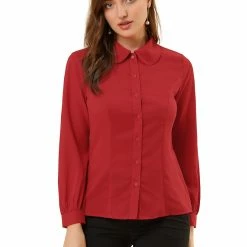 Allegra K Women's Button Up Shirt Career Peter Pan Collar Long Bishop Sleeve Blouse