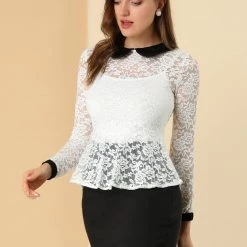 Allegra K Women's Peter Pan Collar Doll Collar Lace Floral Peplum Top 12 Allegra K Women's Peter Pan Collar Doll Collar Lace Floral Peplum Top