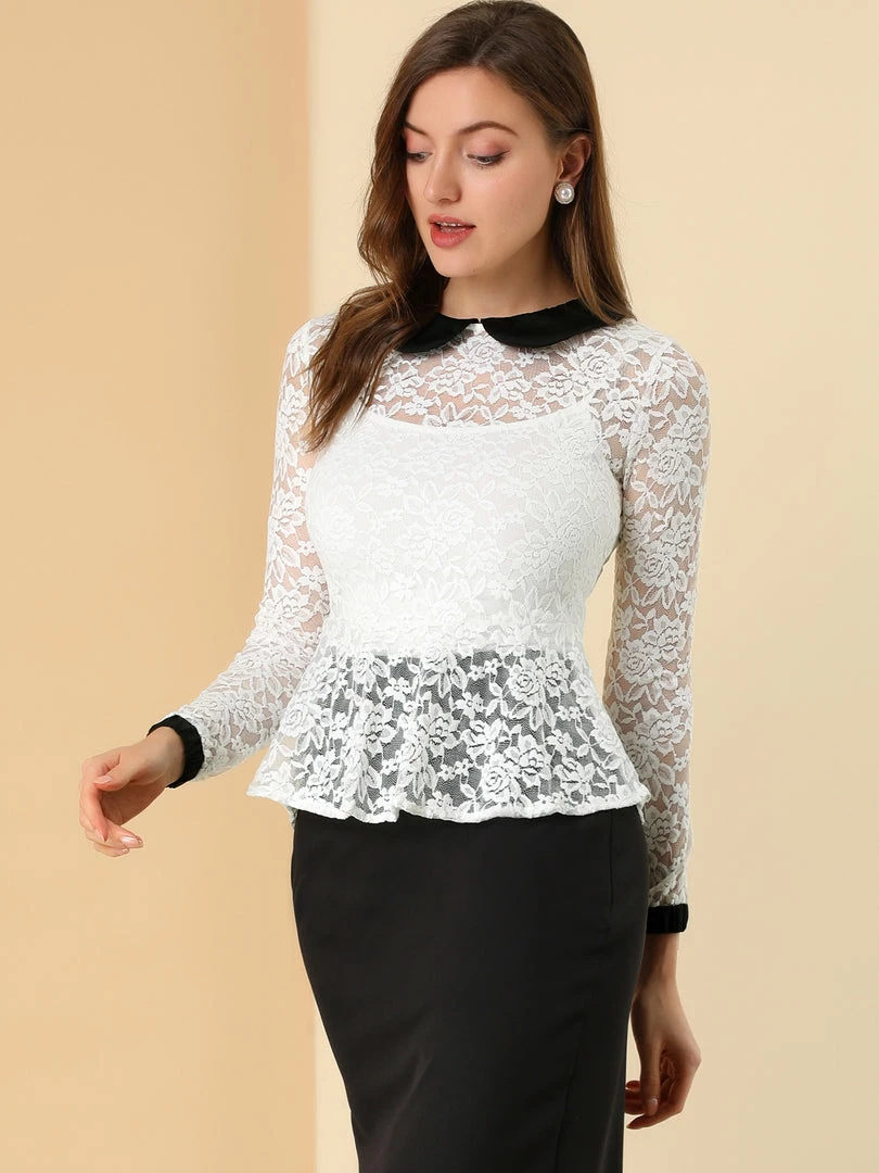 Allegra K Women's Peter Pan Collar Doll Collar Lace Floral Peplum Top 6 Allegra K Women's Peter Pan Collar Doll Collar Lace Floral Peplum Top