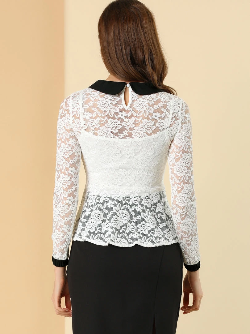 Allegra K Women's Peter Pan Collar Doll Collar Lace Floral Peplum Top 8 Allegra K Women's Peter Pan Collar Doll Collar Lace Floral Peplum Top