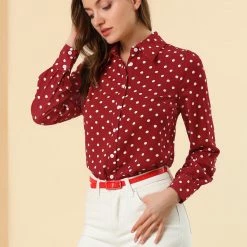Allegra K Women's Polka Dots Button Down 1950s Vintage Puff Long Sleeve Blouse Shirt
