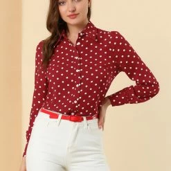 Allegra K Women's Polka Dots Button Down 1950s Vintage Puff Long Sleeve Blouse Shirt