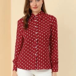 Allegra K Women's Polka Dots Button Down 1950s Vintage Puff Long Sleeve Blouse Shirt