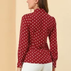 Allegra K Women's Polka Dots Button Down 1950s Vintage Puff Long Sleeve Blouse Shirt