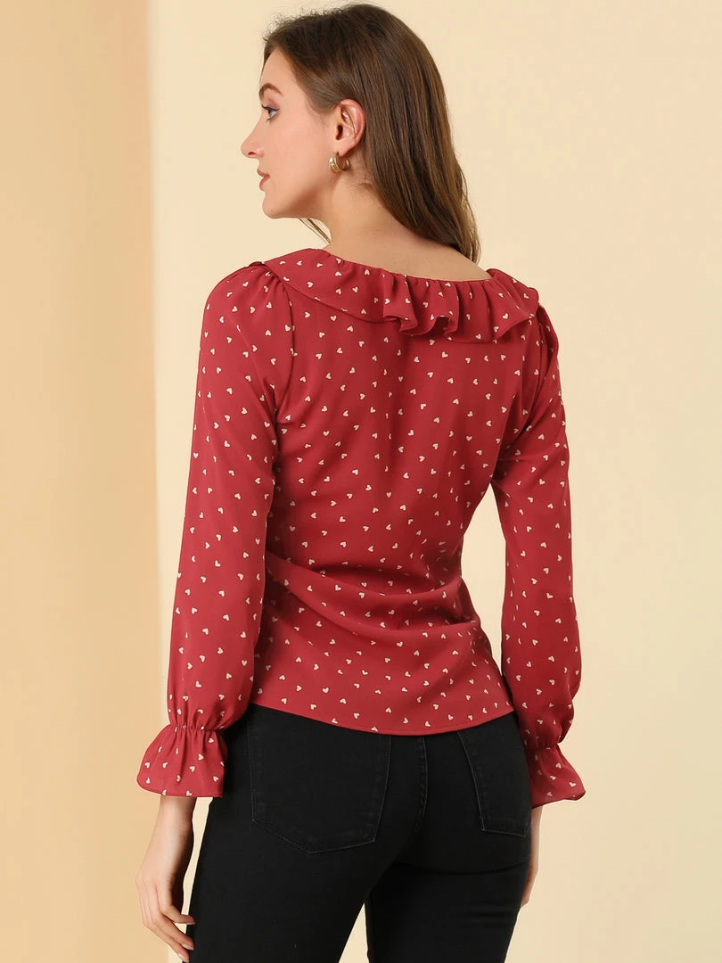 Allegra K Women's Ruffle V Neck Heart Print Valentine's Day Blouse Business Work Top 8 Allegra K Women's Ruffle V Neck Heart Print Valentine's Day Blouse Business Work Top