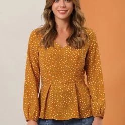 Allegra K Women's Vintage V Neck Dots Pleated Long Sleeve Elegant Work Peplum Blouse Top