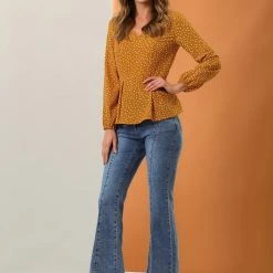 Allegra K Women's Vintage V Neck Dots Pleated Long Sleeve Elegant Work Peplum Blouse Top