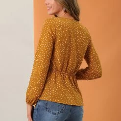 Allegra K Women's Vintage V Neck Dots Pleated Long Sleeve Elegant Work Peplum Blouse Top