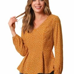 Allegra K Women's Vintage V Neck Dots Pleated Long Sleeve Elegant Work Peplum Blouse Top