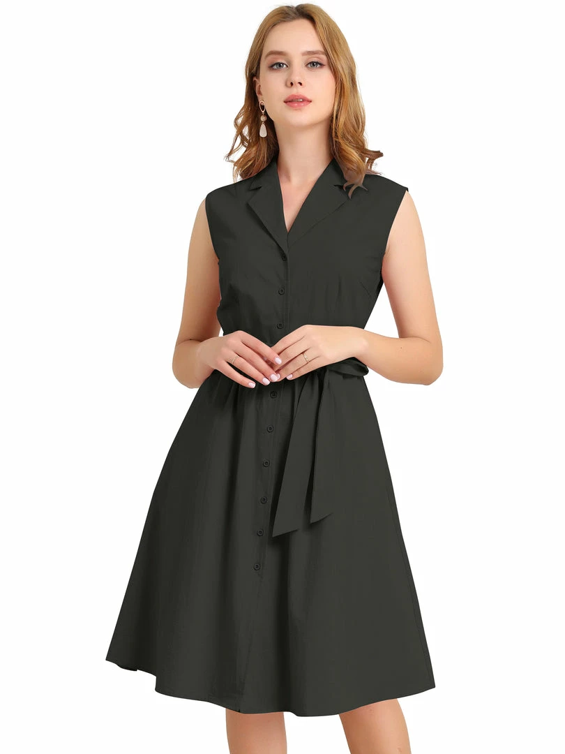 Allegra K Women's Sleeveless Notched Lapel Belted Business Office Midi Shirt Dress 22 Allegra K Women's Sleeveless Notched Lapel Belted Business Office Midi Shirt Dress