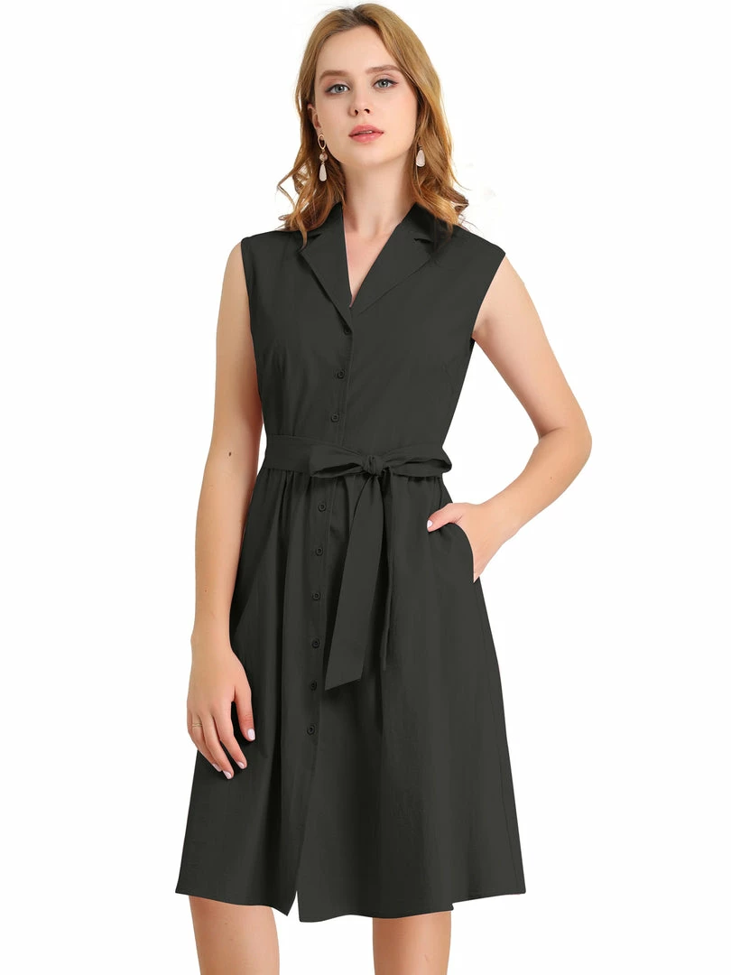 Allegra K Women's Sleeveless Notched Lapel Belted Business Office Midi Shirt Dress 21 Allegra K Women's Sleeveless Notched Lapel Belted Business Office Midi Shirt Dress