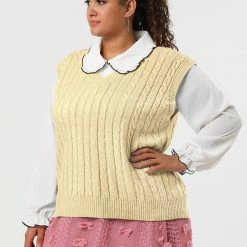 Allegra K Women's Plus Size Sweater Vest V Neck Solid Color Argyle Plaid Preppy Style Sleeveless Knit Vests 109 Allegra K Women's Plus Size Sweater Vest V Neck Solid Color Argyle Plaid Preppy Style Sleeveless Knit Vests