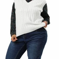 Allegra K Women's Plus Size Sweater Vest V Neck Solid Color Argyle Plaid Preppy Style Sleeveless Knit Vests 76 Allegra K Women's Plus Size Sweater Vest V Neck Solid Color Argyle Plaid Preppy Style Sleeveless Knit Vests
