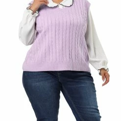 Allegra K Women's Plus Size Sweater Vest V Neck Solid Color Argyle Plaid Preppy Style Sleeveless Knit Vests